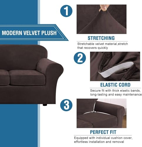 High Stretch Sofa Slipcover 4 Piece Cover Velvet Furniture Protector Form Fit Thick Velvet Extra Large Sofa Cover for 3 Cushion Couch Width Up to 97 Inch (3 Cushion Large Sofa / Brown)