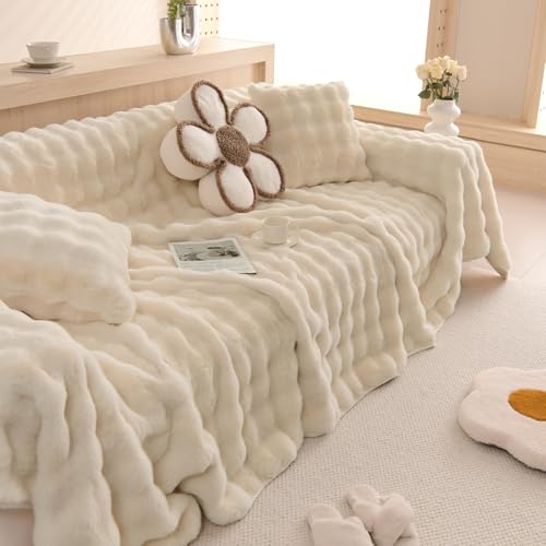 Shaggy Couch Cover for Dogs Rabbit Plush Loveseat Cover Dog Couch Cover Protector Plush Faux Fur Couch Covers for Sectional Sofa Cozy Washable Sofa Covers for Living Room (71" x 150" / Z-plush:beige)