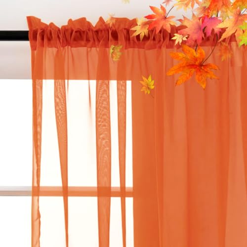 Sheer Voile Window Treatment Rod Pocket Curtain Panels for Kitchen Bedroom Living Room Drapes Sunlight Filtering Privacy Semi Home Decor Assorted (Burnt Orange / 52"W x 54"L (Pack of 2))