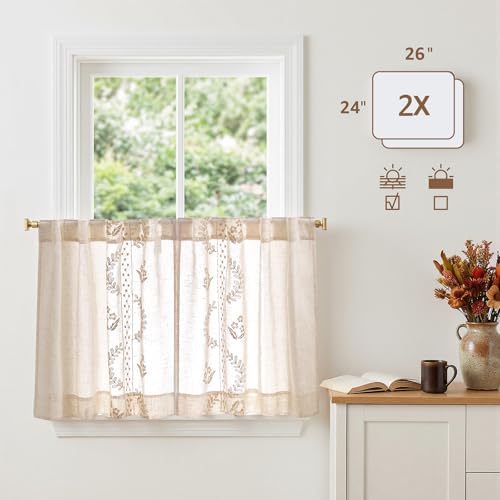 Beige Floral Linen Kitchen Tier Curtains 24 Inch (A| Beige / 26"W x 24"L (Pack of 2))