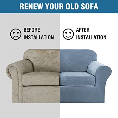 Real Velvet Plush 3 Piece Stretch Sofa Covers Couch Covers for 2 Cushion Couch Loveseat Covers Width Up to 72 Inch Feature Thick Soft Stay in Place (2 Cushion Loveseat / Stone Blue)