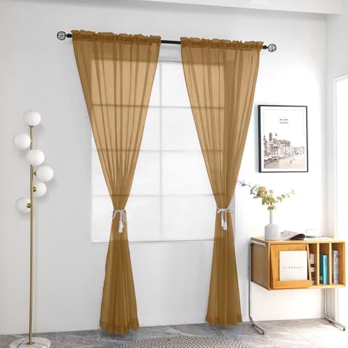 Solid Sheer Rod Pocket Curtain Voile Draperies 2 Panels White Beige Black Grey Ivory 52 Inch Width 90 Inch Long 1 Pair for Kitchen Bedroom Children Living Room Yard (Light Brown / 52"W x 90"L (Pack of 2))
