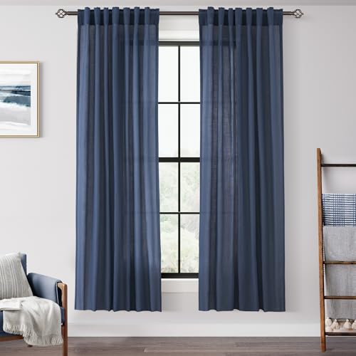 Navy Blue Curtains 72 inch Length for Bedroom Back Tab Light Filtering Semi Sheer Blue Living Room Curtains Linen Cotton Textured Indigo Blue Drapery Panel Modern Farmhouse Aesthetic Decor Dark Blue (Navy Blue / 52"W x 72"L (Pack of 2))