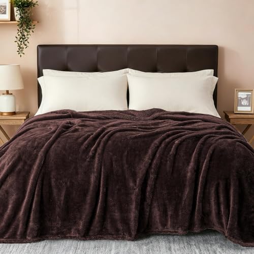 Fuzzy Plush Fleece Bed Blanket Queen Size (Coffee / 90x90 IN)
