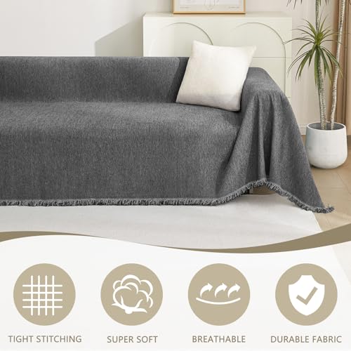 Boho Couch Cover Charcoal Gray Sofa Covers with Tassel Farmhouse Sofa Slipcover Simple Couch Protector for Dogs Chenille Sectional Couch Covers L Shaped Couch Cushion Covers (91" x 134" / Tassels Edge-charcoal Gray)