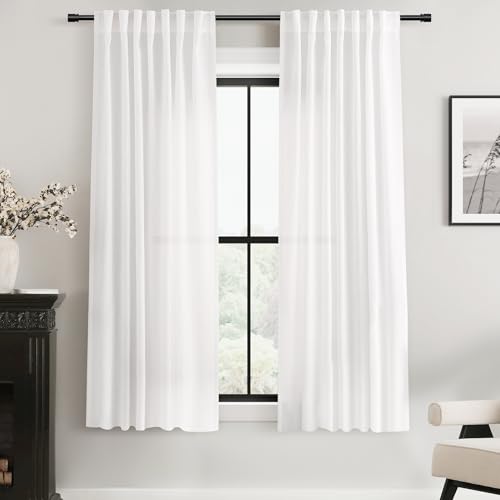 White Linen Curtains 63 inch Length 2 Panel Set for Living Room Back Tab Rod Pocket Semi Sheer Light Filtering Bedroom Window Curtain 63 inch Long Cotton Textured Modern Elegant Coastal Drapes (White / 52"W x 63"L (Pack of 2))
