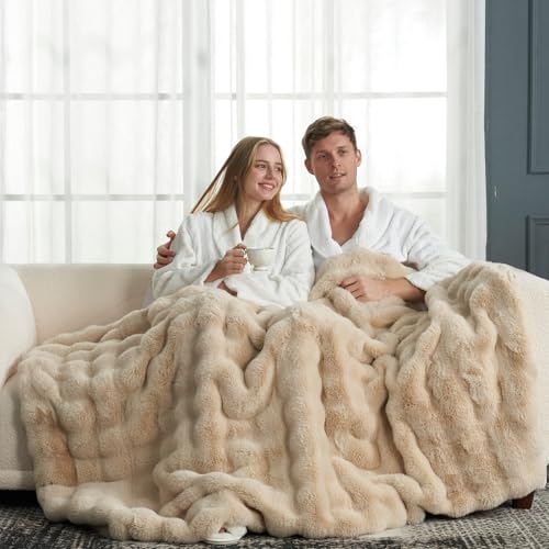 Faux Fur Throw Blanket for Couch (Beige / Twin(60" x 80"))