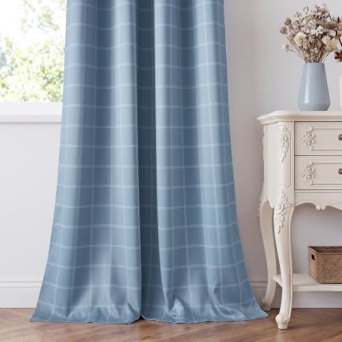 100% Sea Blue Blackout Plaid Buffalo Curtains 96 Inches Length (52"W x 96"L (Pack of 2) / Grid Pattern | Sea Blue & White)