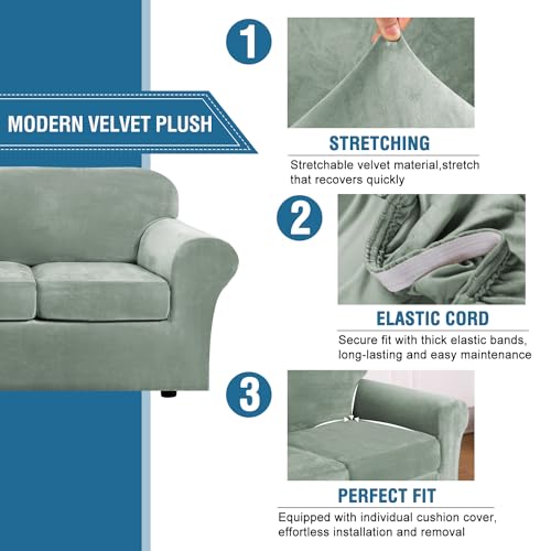 Real Velvet Plush 3 Piece Stretch Sofa Covers Couch Covers for 2 Cushion Couch Sofa Slipcovers Width Up to 90 Inch Thick Soft Stay in Place (2 Cushion Sofa / Sea Grass)