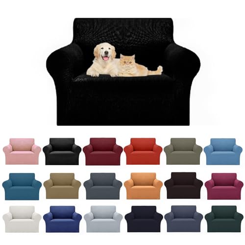2026 New Stretch Chair Sofa Slipcovers Couch Cover for 1 Seater Furniture Protector Sofa Covers with Elastic Bottom Jacquard Fabric Small Checks for Pets (Black / Chair)