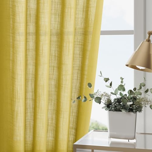 Celery Yellow Linen Curtains 84 Inch Length 2 Panels Set for Living Room Back Tab Light Filtering Semi Sheer Curtain for Bedroom Farmhouse Drapes (52"W x 84"L (Pack of 2) / Celery Yellow)