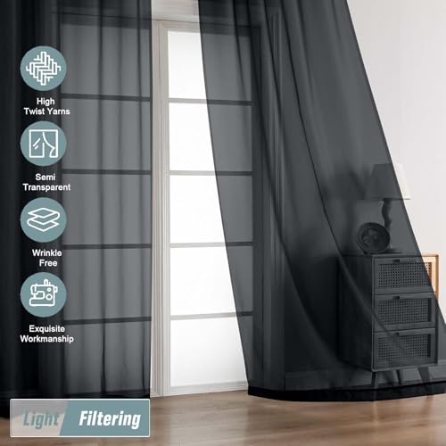 Halloween Black Sheer Curtains 63 Inch Length 2 Panels (42"W x 63"L (Pack of 2) / Black)
