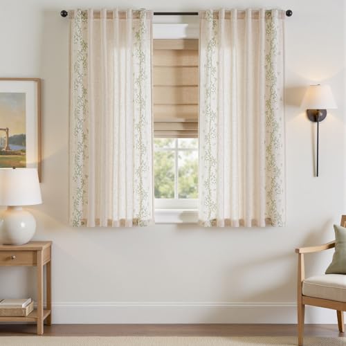 Floral Linen Curtains 63 Inch Farmhouse Back Tab 2 Panels (Vine | Sage / 50"W x 63"L (Pack of 2))