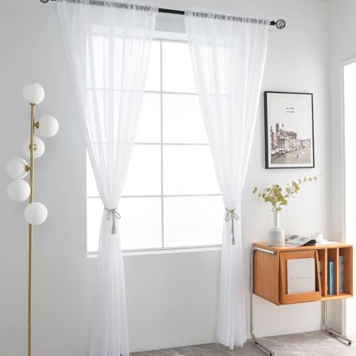 Sheer White Curtains 4 Panels Rod Pocket Semi (White / 52"W x 96"L (Pack of 4))