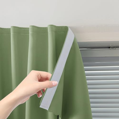Magic Tape Blackout Curtains for Bedroom No Drillng Self Adhesive Curtains No Rod Small Window (59"W x 84"L (Pack of 1) / Sage Green)