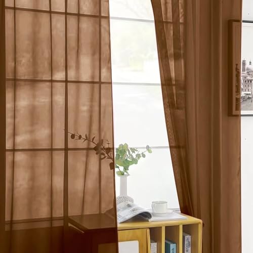 Sheer Voile Window Treatment Rod Pocket Curtain Panels for Kitchen Bedroom Living Room Drapes Sunlight Filtering Privacy Semi Home Decor Assorted (Brown / 52"W x 72"L (Pack of 2))