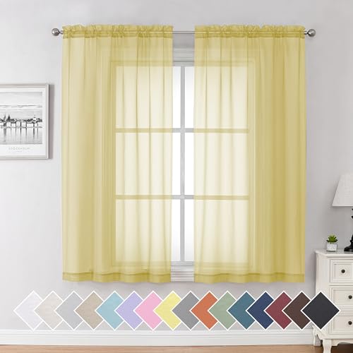 Yellow Sheer Curtains 63 Inches Long 2 Panels Set (40"W x 63"L (Pack of 2) / Yellow)