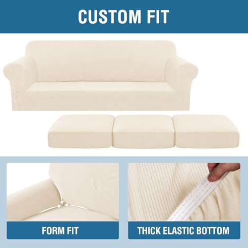 4 Piece Stretch Sofa Covers for 3 Cushion Couch Covers for Living Room Furniture (Large / Cream)