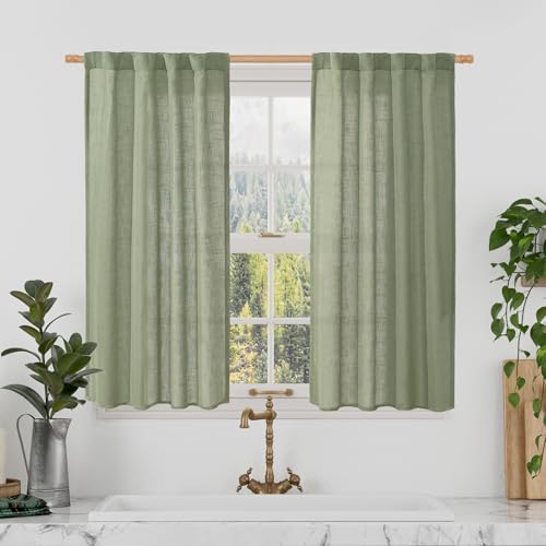 Semi Sheer Linen Curtains 40 Inch Length for Cafe Small Windows (Sage Green / 25"W x 40"L (Pack of 2))