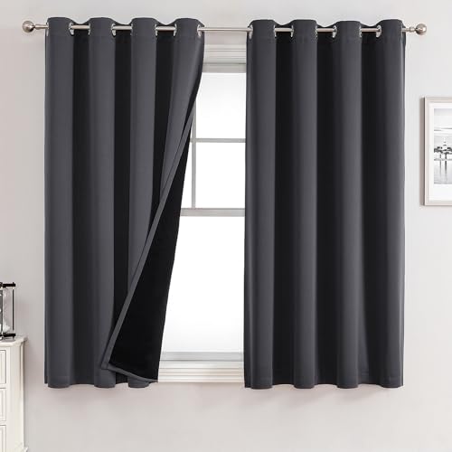 100% Blackout Curtains for Bedroom 2 Panels Set with Black Liner (52"W x 54"L (Pack of 2) / Dark Grey)
