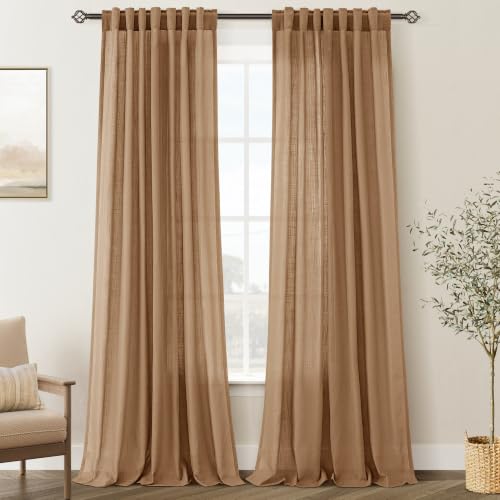 Brown Curtains for Living Room Back Tab Modern Farmhouse Semi Sheer Curtains 84 inches Long 2 Panels Set Muted Neutral Window Curtain for Dining Room Bedroom 52x84 (Brown / 52"W x 84"L (Pack of 2))