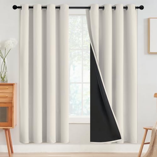 Cream 100% Blackout Curtains Room Darkening Living Room 72 Inch (Cream / 52"W x 72"L (Pack of 2))