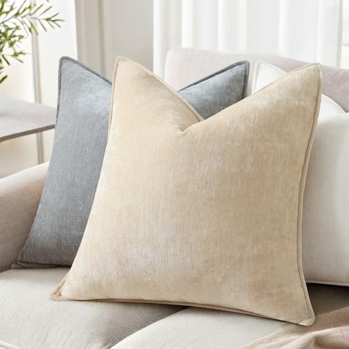 Chenille Beige Velvet Throw Pillow Covers 16x16 Set of 2 (Natural Beige / 16" x 16" (Pack of 2))