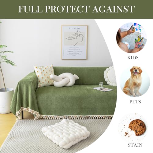 Green Sofa Cover Vintage Couch Cover for Dogs 91" X134" Couch Cushion Covers with Tassel Herringbone Sofa Cover Boho Sofa Covers for 3 Cushion Couch Chenille Soft Loveseat Sofa Covers (91" x 134" / Tassel Ball: Green)