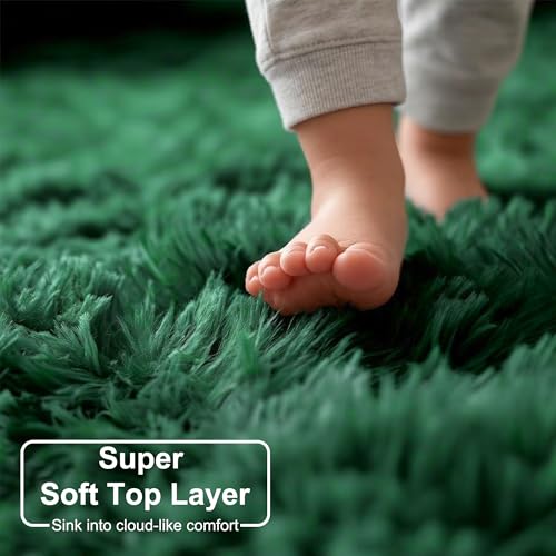 Dark Green Round Fuzzy Rug 4Ft for Kids Bedroom Living Room Dorm (Dark Green / 4' (Round))