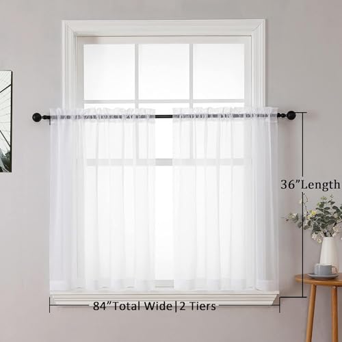 Aiyufneg White Sheer Curtains 36 inch Length Kitchen Tiers Short Voile Curtains (40"W x 36"L (Pack of 2) / White)