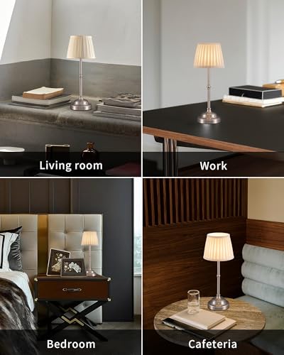Nickel Cordless LED Table Lamps Set of 2 (Nickel + Beige Lampshde (2 Pack))