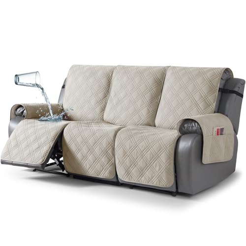 100% Waterproof Recliner Sofa Covers 3 Seater Split Couch Covers for 3 Cushion Reclining Couch with Straps (Cream / 3 Seater Standard)