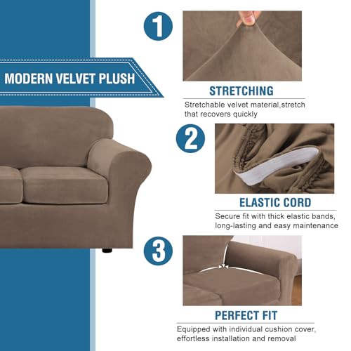 Modern Velvet Plush 4 Piece High Stretch Sofa Slipcover Sofa Cover Furniture Protector Form Fit Thick Velvet Sofa Cover for 3 Cushion Couch Width Up to 90 Inch (3 Cushion Sofa / Mocha)