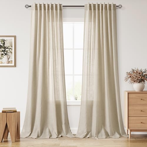 Eggshell Beige Linen Curtains for Living Room 98 Inches Long Light Filtering Semi Sheer Curtain Back Tab Rustic Farmhouse Decor Burlap Luxury Boho Drapes for Bedroom Dinner Room 52x98 (52"W x 98"L (Pack of 2) / Eggshell Beige)