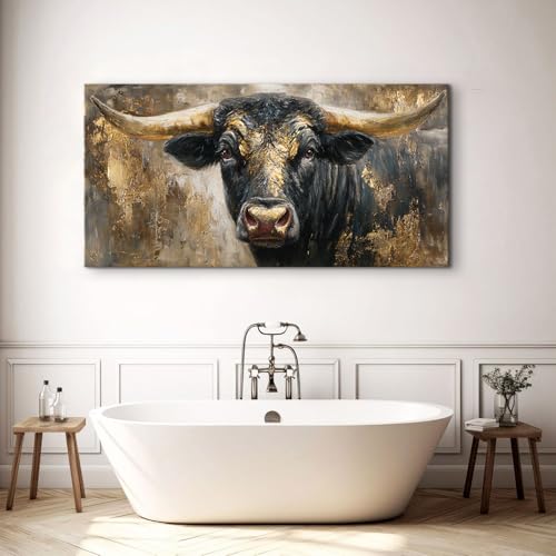 Black and Gold Cow Wall Art Highland Cow with Long Horns Pictures Wall Decor Farmhouse Animal Paintings Poster Vintage Western Country Canvas Artwork for Living Room Office Home Decorations 30x60" (60L" x 30W" / Longhorns Cow)