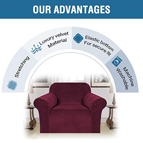 Stretch Velvet Armchair Cover Couch Covers 1 Cushion Chair Slipcover for Living Room Furniture Cover Crafted from Thick Comfy Rich Velour (Wine/Burgundy / Armchair)