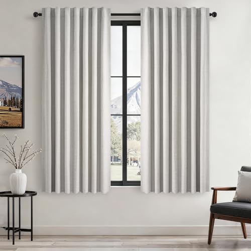 Linen Blackout Curtains 63 Inches Long 2 Panels for Small Window Modern Farmhouse Linen Blend Texture Insulated Hook Belt Back Tab Pocket Pleated Drapes (Grey Beige / 52"W x 63"L (Pack of 2))
