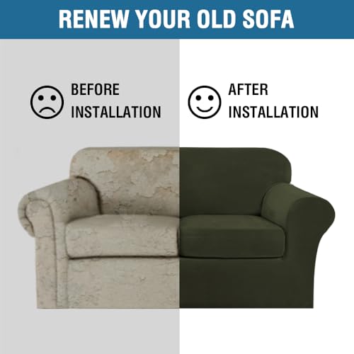 Real Velvet Plush 3 Piece Stretch Sofa Covers Couch Covers for 2 Cushion Couch Sofa Slipcovers Width Up to 90 Inch Feature Thick Soft Stay in Place (2 Cushion Sofa / Olive)
