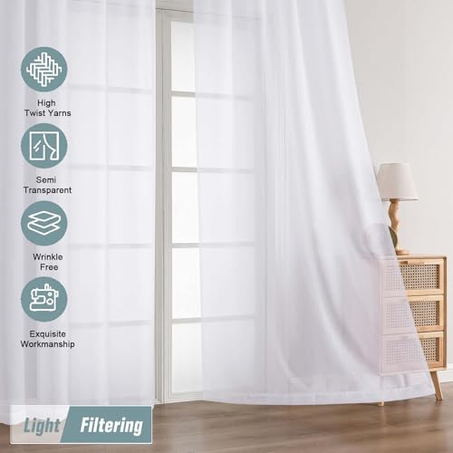 White Sheer Curtains 90 Inches Long 2 Panels (42"W x 90"L (Pack of 2) / White)