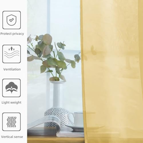 Solid Sheer Rod Pocket Curtain Voile Draperies 2 Panels White Beige Black Grey Ivory 52 Inch Width 45 Inch Long 1 Pair for Kitchen Bedroom Children Living Room Yard (Gold / 52"W x 45"L (Pack of 2))
