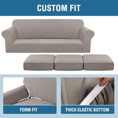 4 Piece Stretch Sofa Covers for 3 Cushion Couch Covers for Living Room Furniture Slipcovers (Large Plus / Taupe)