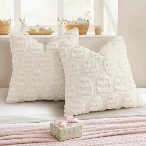 Cream White Faux Fur Egg Throw Pillow Covers 18x18 Set of 2 (18" x 18" (Pack of 2) / Eggs Cream White)