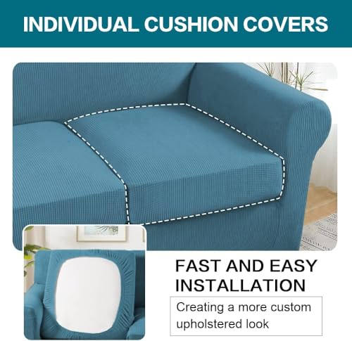 4 Piece Sofa Covers for 3 Cushion Couch Sofa Slipcover Soft Couch Cover for Dogs Washable Furniture Cover with 3 Individual Large Cushion Covers Feature Fabric (L Sofa (3 Cushion) / Storm Blue)