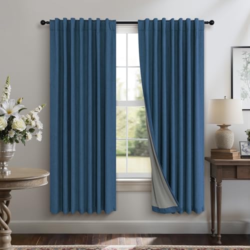 Navy Blue Black Out Curtains 63 Inch Long 2 Panel Burg Linen Textured Thermal Insulated Total Blackout Window Shades Soundproof Dark Out Curtain for Living Room Kids Children Boy Bedroom 63 Length (Navy Blue / 52"W x 63"L (Pack of 2))