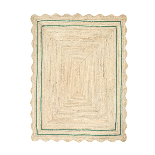 Wave Scalloped Jute Rug Entryway Natural Boho Area Rug Green 10'x14' (10'x14' / Emerald Green)