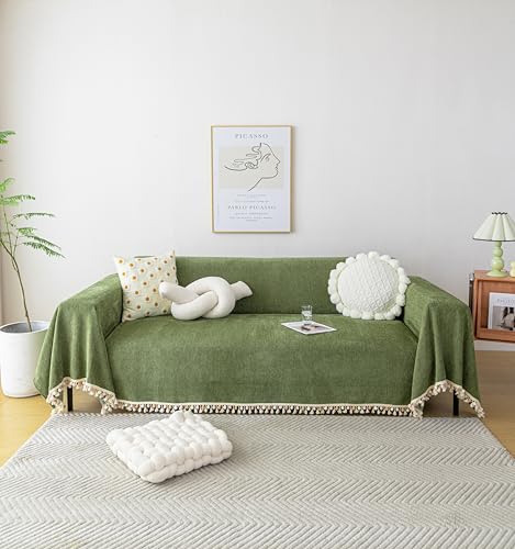 Green Sofa Cover Vintage Couch Cover for Dogs 91" X134" Couch Cushion Covers with Tassel Herringbone Sofa Cover Boho Sofa Covers for 3 Cushion Couch Chenille Soft Loveseat Sofa Covers (91" x 134" / Tassel Ball: Green)