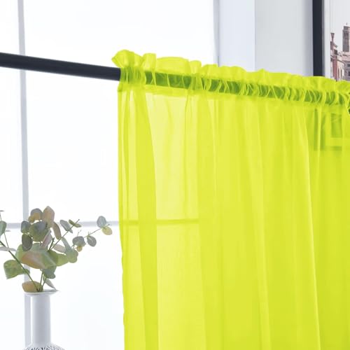 Basic Rod Pocket Sheer Voile Window Curtain Panels Chartreuse 1 Pair 2 Panels 52 Width 72 Inch Long for Kitchen Bedroom Children Living Room Yard（Chartreuse (Chartreuse / 52"W x 72"L (Pack of 2))
