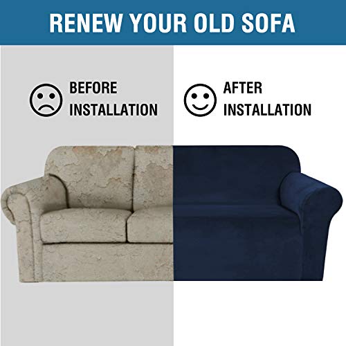 Stretch Velvet Sofa Covers for 3 Cushion Couch Covers Sofa Slipcovers Furniture Protector Soft with Non Slip Elastic Bottom (Navy / Sofa)
