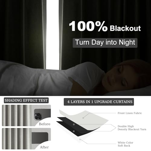 92 Inch Linen 100% Blackout Curtains 2 Panels for Living Room Bedroom Thermal Insulated Total Black Out Linen Drapes with Back Tab Room Darkening Charcoal Grey Window Curtains 52x92 (Frost Grey / 52"W x 92"L (Pack of 2))