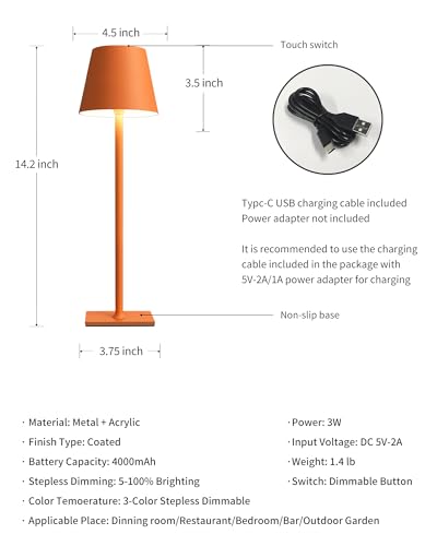 2 Pack Cordless Orange Table Lamps (Orange-2)